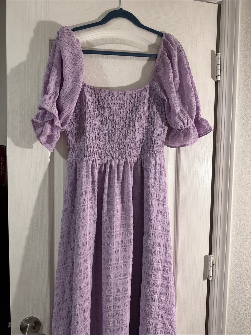 Lavender Puff-Sleeve Smocked Midi Dress
